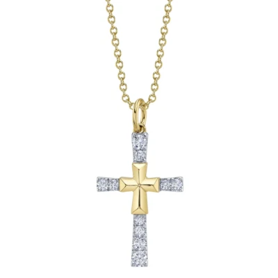 14K Gold 0.23CT Natural Diamond Cross Pendant Necklace Adjustable - Image 1 of 3