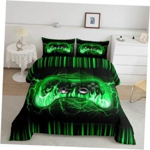 Kids Gamer Bedding Set,and Black Gaming Comforter Set,Teens Boys Full Green - Picture 1 of 7