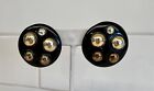 Vintage Black with Metal Cabachon Round Plastic Post Pierced Earrings #D10-3