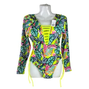 Womens 36 Long Sleeve Adjustable Swimsuit Neon Yellow Tropical Leaves Pink Green - Picture 1 of 5