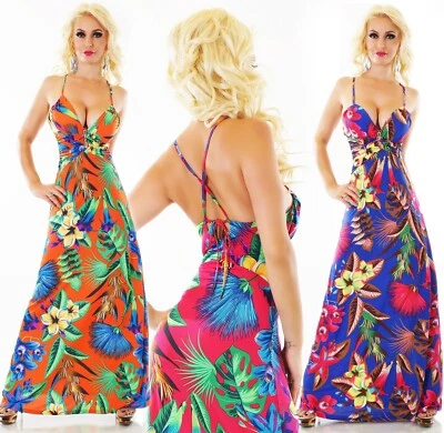 Damen Maxi Sommer Kleid lang Dschungel Tropical Blumen Print Party Strand - Bild 1 von 4
