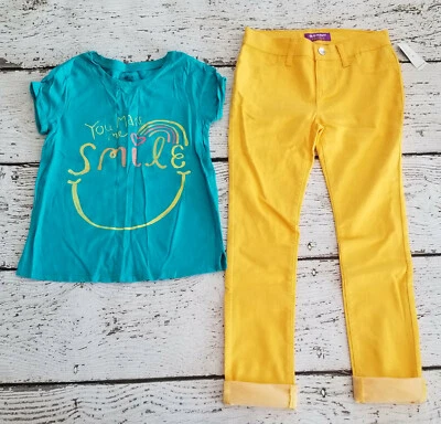 GAP KIDS 8 10 Girls Teal Smile Tee & Yellow Denim Pants  EUC - Image 1 of 4