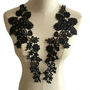 1Pair Black Flower Embroidered Neckline Lace Collar Trim Sewing Patch Applique - Picture 1 of 4