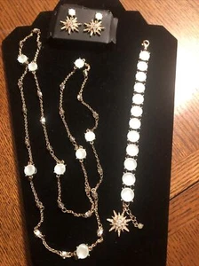 GVS GOLD toned Snowflake Necklace, Bracelet & Earrings Set Blue & Crystal Rhine - Picture 1 of 15