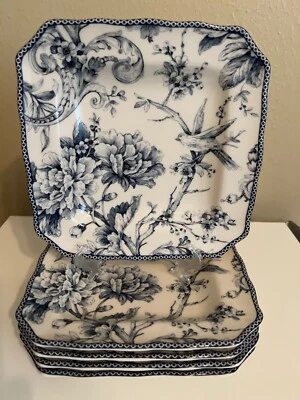222 FIFTH ADELAIDE BLUE SQUARE 8.5" SALAD PLATE Set of 4 NEW FLOWER BIRD DESIGN - Image 1 of 4