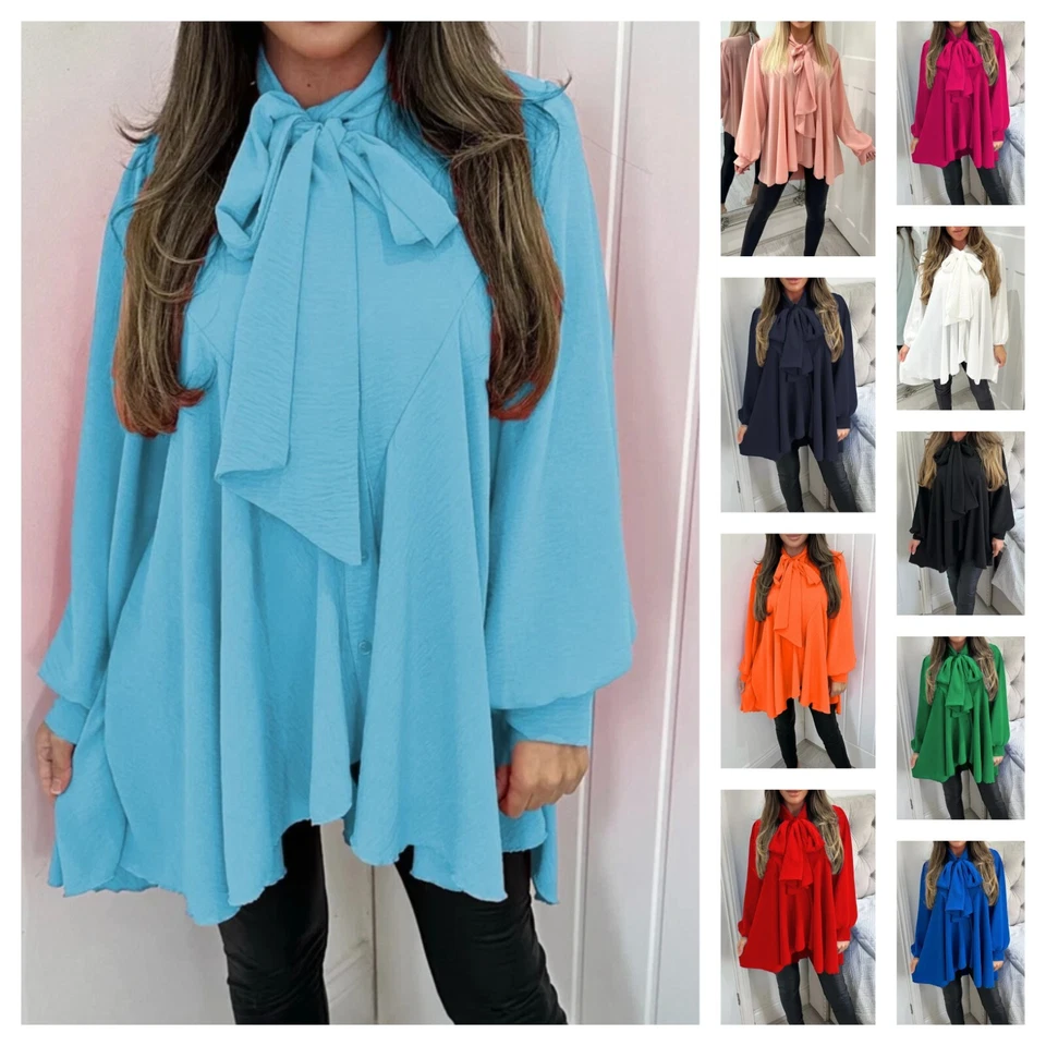 Women's Tie Up Pussy Bow Neck Button Frill Summer Swing Blouse Ladies Shirt Tops - Image 1 of 1
