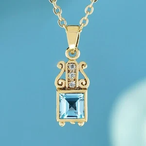 9K Yellow Gold Natural Blue Topaz Diamond Vintage Style Pendant - Picture 1 of 6