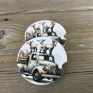 Crazy Goats Farm Truck Car Coasters Set of 2 - Picture 1 of 6