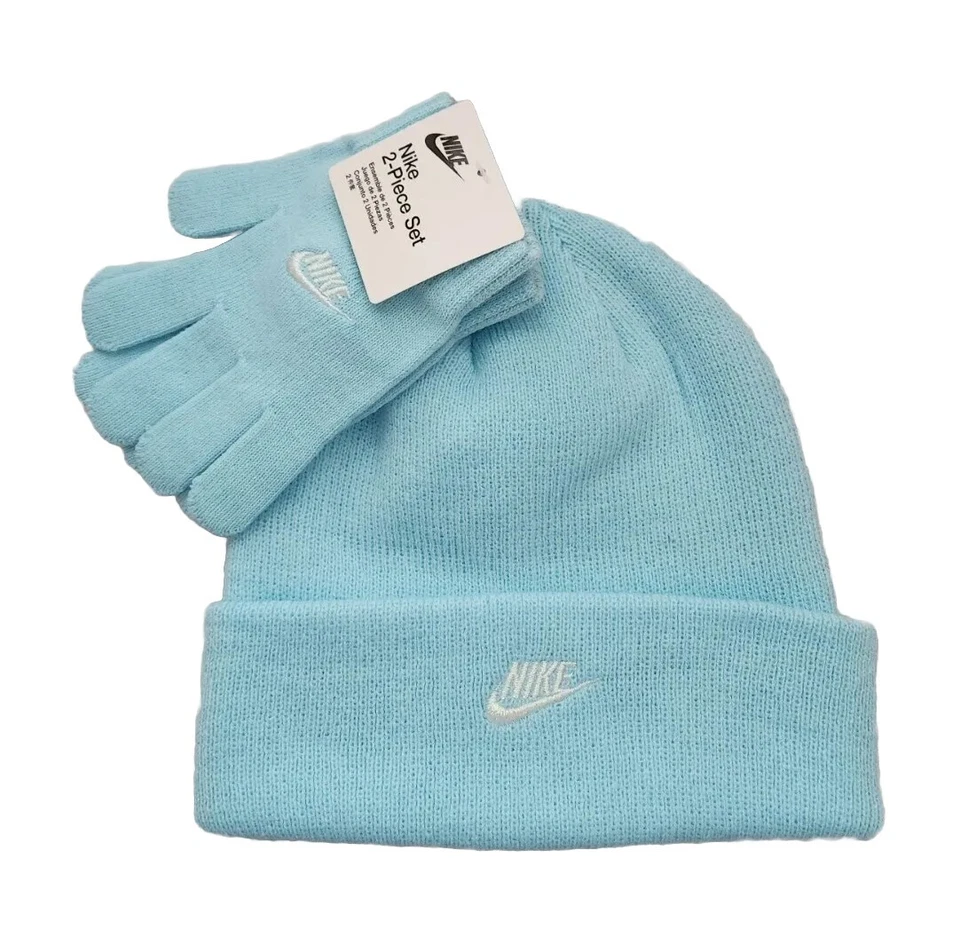 Nike Kids Girl Pom Beanie Hat & Gloves Set Aqua & White