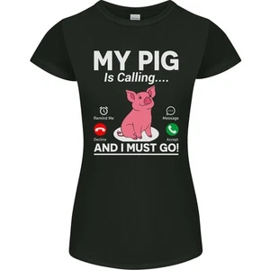 My Pig is Calling and I must Go Funny Farming Womens Petite Cut T-Shirt - Picture 1 of 3
