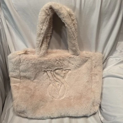 Victoria's Secret Large Fuzzy Cream Faux Fur Tote Bag Purse Embroidered Logo - Image 1 of 4