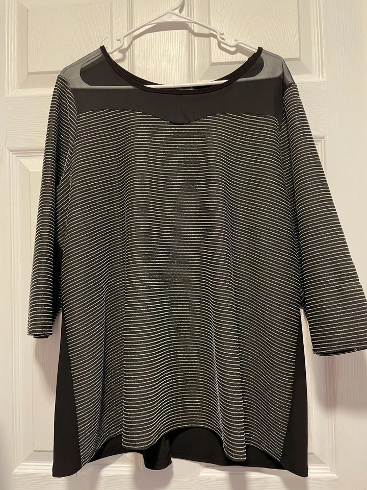 SUZIE IN THE CITY Top Camisa Blusa 3XL 24 Busto 54 Largo 28 Negro/Plateado Rayas Foto 1 de 4