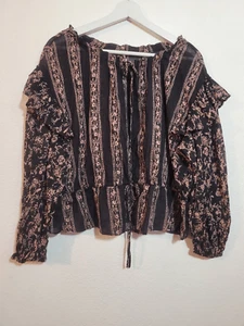 Free People Floral Peplum Blouse Ruffled Sleeves Size XS TP Black Tan - Picture 1 of 5