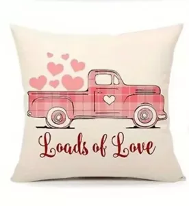 VALENTINES DAY THROW PILLOW COVER 18"X18""LOADS OF LOVE” PINK PLAID/PICKUP TRUCK - Picture 1 of 1