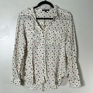 VELVET HEART Hearts prints Cream & Red Button Down Shirt Roll long Sleeves M top - Picture 1 of 9