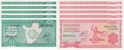LOT, Burundi 10 and 20 Francs (05.02.2005) p-33e & p-27d x 5 PCS UNC - Image 1 of 3