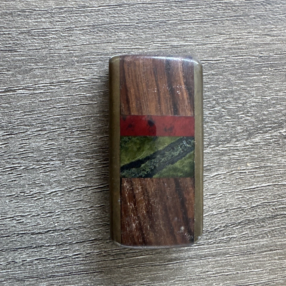 Clip de dinero con incrustación vintage - madera, jaspe rojo y piedra verde - hecho a mano Foto 1 de 4