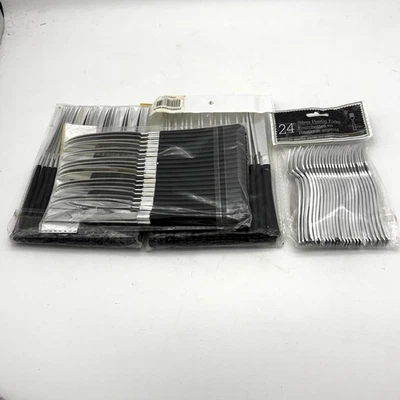 Lot of 4 New Packs Plastic Cutlery Small Silver Forks & Black Butter Knife Party - Image 1 of 4