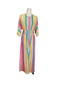Vintage Rainbow Maxi Dress Striped Drawstring Waist Textured Colorful Sz M/L - Picture 1 of 10
