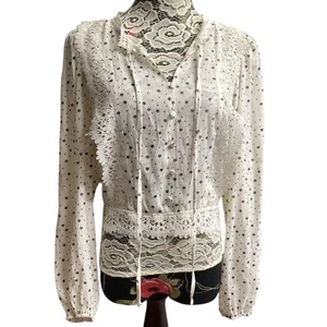 Mine Blusa Detalle Encaje Mangas Largas Globo Corbata Espalda Beige Claro Mujer’s L - Imagen 1 de 7
