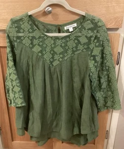 John Paul Richard Green Pullover Top Blouse Boho Lace Top & Sleeves Large - Picture 1 of 5