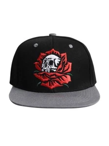 Men’s Skull Rose Hat Ring Of Fire Black Ballcap Gray Rim Snapback Baseball Biker - Picture 1 of 5