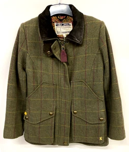 Joules tweed jacket womens UK 10 green pure wool leather collar Tom Joule 838 - Picture 1 of 11