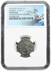 COLONIAL ERA SPAIN. Philip II, 1556-1598. 2 Maravedis, Coruna, NGC VF Details - Picture 1 of 2