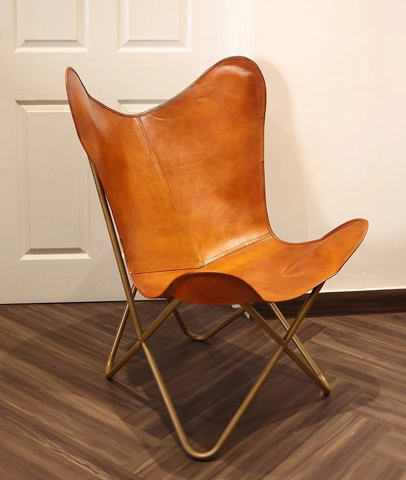 Chaise Papillon En Cuir Marron Décor Maison Rétro Industriel - Photo 1/4