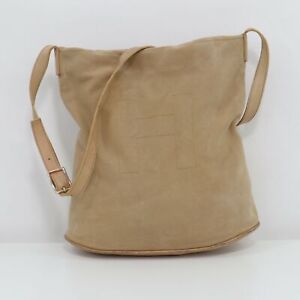 Hunter Bucket Tote Shoulder Bag Beige Canvas Leather Purse Handbag