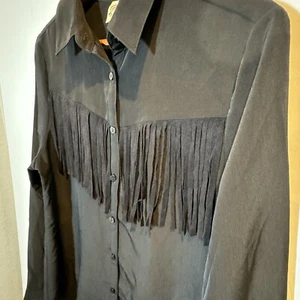 Cowgirl Justice Black Fringe Cowgirl Western Button Up Western Top Women's Large - Picture 1 of 6