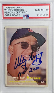 1957 Topps #29 Whitey Herzog Signed Rookie Card Autograph W/ HOF RC PSA 10 Auto