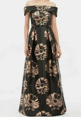 Nicole Miller formal gown with gold flowers and velvet detail - size 2 - Image 1 of 4