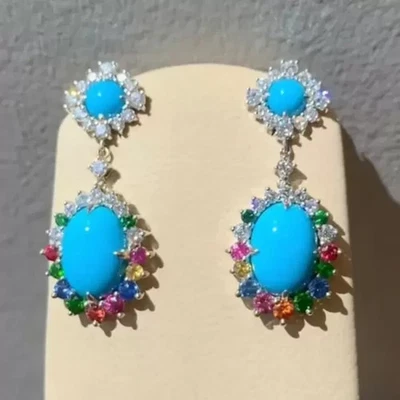 Pendiente colgante/gota turquesa natural corte ovalado de 3,00 quilates chapado en oro blanco de 14 quilates Foto 1 de 4