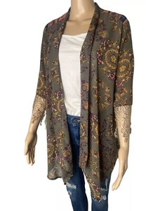 S BKE Gimmicks Kimono Damen moosgrün Blumen Saum Akzent kleine Schnalle Oversized - Bild 1 von 11