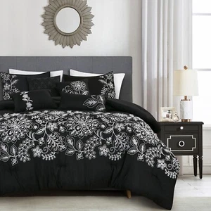 HIG Luxury 7-Piece Comforter Set ?C Classic Black and White Floral Design - Picture 1 of 5