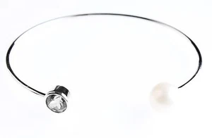 Rhodium Plated 6mm European Bezel Round Sapphire & White Pearl Bangle Bracelet - Picture 1 of 1