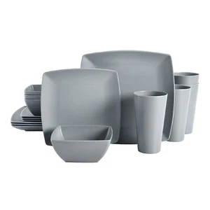 Gibson Home 16 Piece Square Melamine Dinnerware Set Plates, Bowls, & Cups, Grey - Picture 1 of 7
