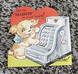 Tarjeta de San Valentín de colección perro cachorro con caja registradora déjame registrar tu corazón - Imagen 1 de 3