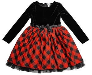 NWT Cat & Jack L (10/12) Velour Buffalo Check LS Dress Tulle Trim Layers Red/Blk - Picture 1 of 7