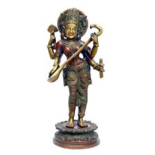 Antiguo Acabado Latón Saraswati Ídolo Soportes Y Strums En Su Veena Estatua