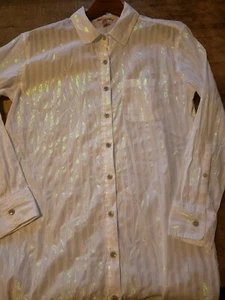 Victoria's Secret White Iridescent Green Metallic Stripe Blouse L/S Top Small S - Picture 1 of 5