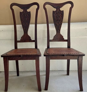 Antique Hand-Carved Oak Splat Back Chairs w/Leather Seat, Green Man (Set of 2) - Picture 1 of 22