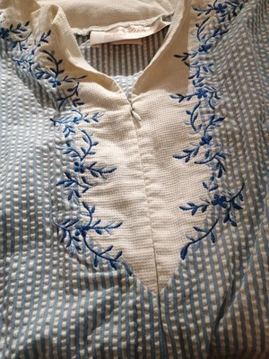 Stan Herman Signature II Long Robe Housedress Blue&White Seersucker W/Embroidery - Image 1 of 3