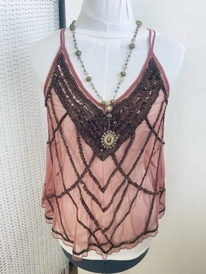 Kimchi Blue Beaded Sequin Sheer Crop Festival Boho Crop Halter Blouse Pink Sz XS - Image 1 of 4