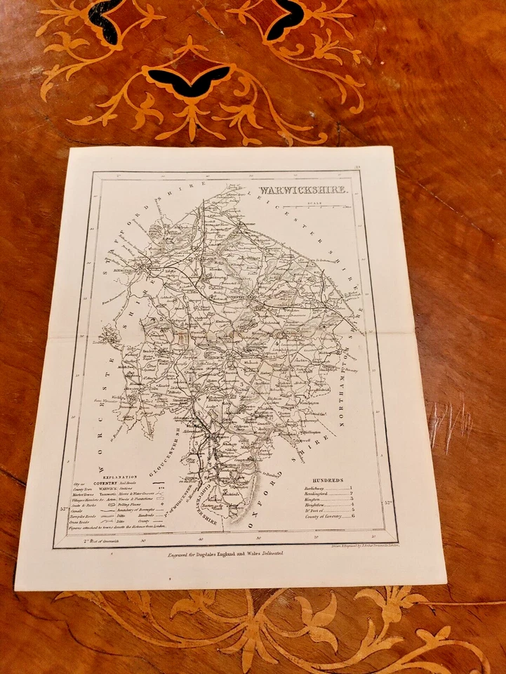 c1840s Rare Antique Original Warwickshire County Map Archer Dugdales Print UK - Image 1 of 1