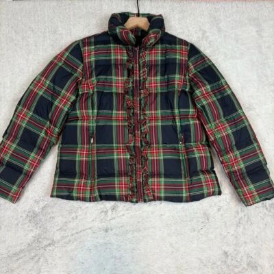 Talbots Tartan Plaid Down Puffer Jacket Ruffle MP Petite Holiday Festive Girly - Image 1 of 4