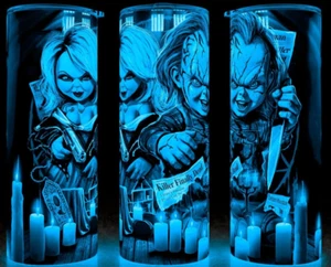 Brilla en la oscuridad Chucky y Tiffany Horror Killers Halloween Taza Taza Vaso - Imagen 1 de 4