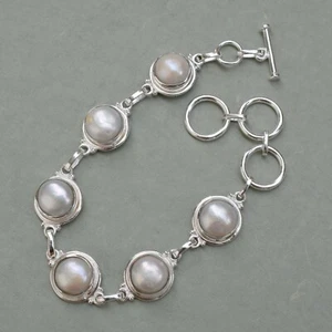 Pearl Bracelet, 925 Sterling Silver Pearl Bracelet, White Pearl Jewelry-B001 - Picture 1 of 2