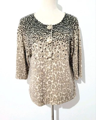 Chico's размер L блестки кардиган свитер леопард печать 3/4 рукав кнопка спереди желтовато-коричневый - Изображение 1 из 4